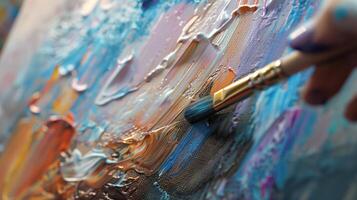 Art fair, close-up of artist's brush on canvas, creative expression in action. photo