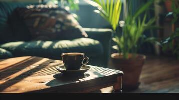 a cup of coffee sitting on top of a wooden table next to a couch and a potted plant on top of a wooden table. photo