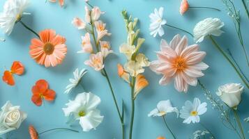 Different soft flowers on blue table. photo