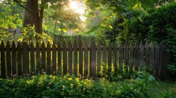 Serene garden scene with sunlit wooden fence and lush greenery in early morning. photo