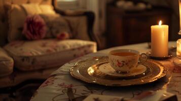 detalles de un todavía vida en un de casa vivo habitación. un servicio plato con un taza de té y velas leer y tomar un siesta. acogedor casa. foto