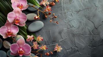 Spa treatment concept. Flowers of orchid and stones. Beautiful background with copy space. photo