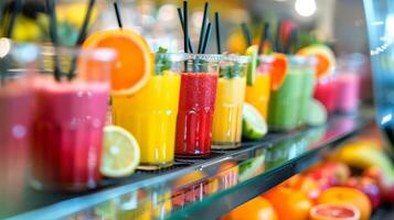 Health resort fresh juice bar, close-up of colorful smoothies, vibrant and fresh. photo