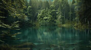 A lake located deep within a forest. photo