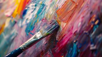 Art fair, close-up of artist's brush on canvas, creative expression in action. photo