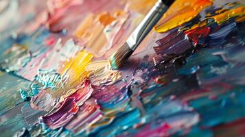 Art fair, close-up of artist's brush on canvas, creative expression in action. photo