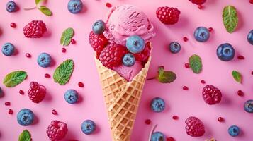 An ice cream cone adorned with blueberries, raspberries, and mint set against a vibrant backdrop, serving as a representation of a cool and fruity summer treat. photo