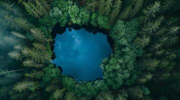 un lago situado profundo dentro un bosque. foto