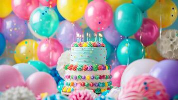 birthday party balloons, colourful balloons background and birthday cake with candles. photo