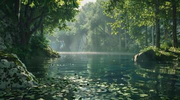 A lake located deep within a forest. photo