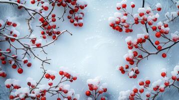Snow-covered board frame framed by branches with red berries covered in frost. Copy space. photo