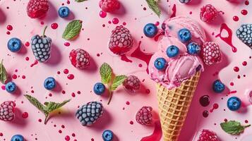 An ice cream cone adorned with blueberries, raspberries, and mint set against a vibrant backdrop, serving as a representation of a cool and fruity summer treat. photo