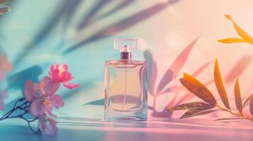 Transparent bottle of perfume with empty label on pastel gradient background. Fragrance trending concept with copyspace for text, natural materials flowers plant shadows. Women's and men's photo