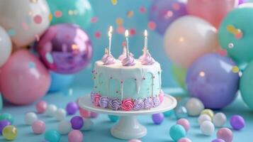 cumpleaños fiesta globos, vistoso globos antecedentes y cumpleaños pastel con velas foto