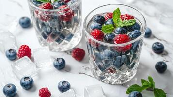 two glasses filled with blueberries and raspberries next to mint leaves and ice cubes on a marble surface. photo