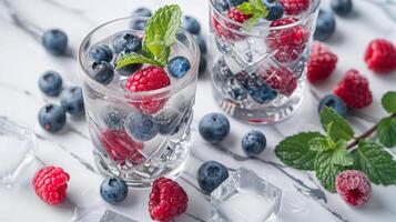 two glasses filled with blueberries and raspberries next to mint leaves and ice cubes on a marble surface. photo