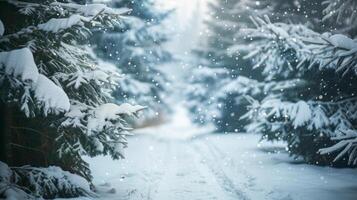 beautiful New Year's white winter background with snow-covered fir trees in the forest close-up and a path between them, bokeh and space for text. photo