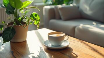 a cup of coffee sitting on top of a wooden table next to a couch and a potted plant on top of a wooden table. photo