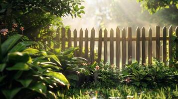 Serene garden scene with sunlit wooden fence and lush greenery in early morning. photo
