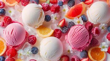 ice cream balls berries and fruits. photo