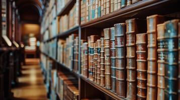 muchos libros en un estante en un biblioteca. foto