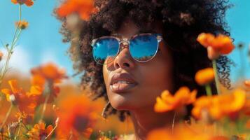 eine frau mit afrofrisur und sonnenbrille steht en einem campo mit color naranja flores, una mujer con un afro y Gafas de sol soportes en un campo de naranja flores foto