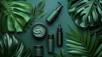 Branding and packaging presentation featuring a green background and palm leaf to convey a natural skincare beauty product concept. photo