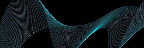 Abstract wavy dynamic blue green violet light lines curve banner on black background in concept technology, neural network, neurology, science, music, neon light vector