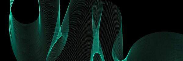 Abstract wavy dynamic blue green violet light lines curve banner on black background in concept technology, neural network, neurology, science, music, neon light vector