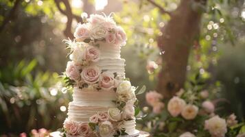 A sun lit, elegant wedding cake decorated with delicate roses, displayed in a serene garden setting. photo