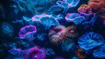 Underwater world, corals in the depths of the ocean. Sea flowers, underwater deep flora and fauna. Colorful neon corals. photo