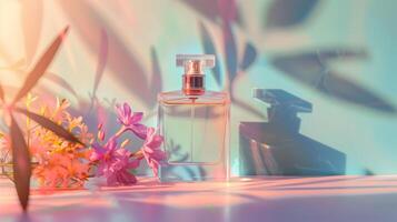 Transparent bottle of perfume with empty label on pastel gradient background. Fragrance trending concept with copyspace for text, natural materials flowers plant shadows. Women's and men's photo