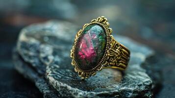 Antique Ring with Moss Rubin Stone photo