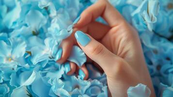 Glamour woman hand with baby blue color nail polish manicure on fingers, touching light blue flower petals, close up photo