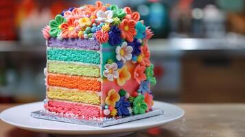 A vibrant birthday cake featuring layers of sponge and colorful buttercream frosting photo