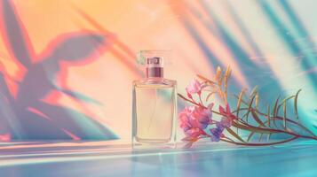 Transparent bottle of perfume with empty label on pastel gradient background. Fragrance trending concept with copyspace for text, natural materials flowers plant shadows. Women's and men's photo