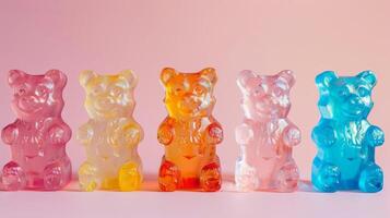 Colorful, translucent gummy bears figurine showcasing a radiant spectrum of hues photo