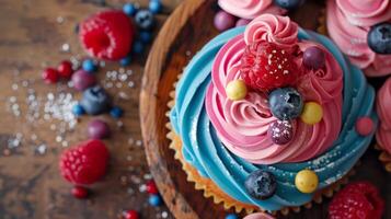 Multi colored sweet food decoration on wood plate with raspberry icing photo