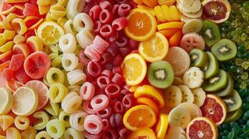 This close-up view showcases a variety of differently colored candies, each bursting with delicious fruit flavors. photo