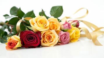 Bouquet of colorful roses decorated with golden silky ribbon tie isolated on white background photo