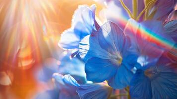 Closeup blue flower petals and sun rainbow glare photo