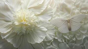 a very simple a fully-bloomed 'Gardenia Peony'And a butterfly, Butterfly close-up realistic, artistic, strokes, organic forms photo