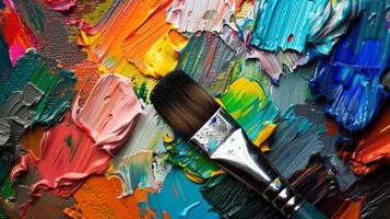 Paintbrush on colorful oil paint photo