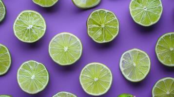 Slices of fresh lime on a vibrant purple background, viewed from above in a flat lay style. photo