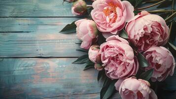 Fresh bunch of pink peonies and roses on wooden rustic background. Card Concept, pastel colors, close up image, copy space photo