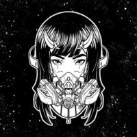 line art of a horned girl using a future mask in a robotic style illustration vector