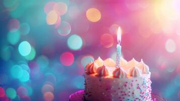 Birthday cake with candles on blurred bright celebrating background, with copy space, vertical backdrops photo