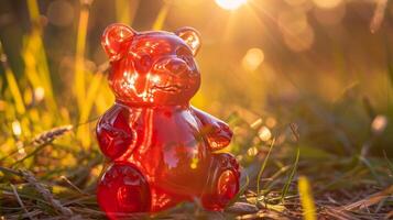 A shiny red gummy bear figurine bathed in sunlight with visible light streaks photo