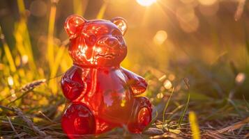 A shiny red gummy bear figurine bathed in sunlight with visible light streaks photo