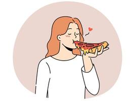 Woman eating tasty Italian pizza vector